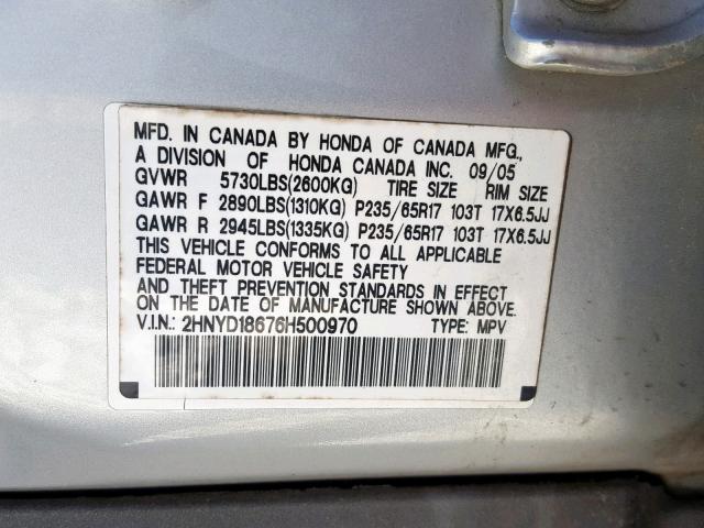 2HNYD18676H500970 - 2006 ACURA MDX TOURIN SILVER photo 10