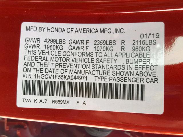 1HGCV1F55KA044971 - 2019 HONDA ACCORD EXL RED photo 10