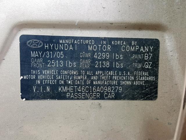 KMHET46C16A098279 - 2006 HYUNDAI SONATA GL GOLD photo 10