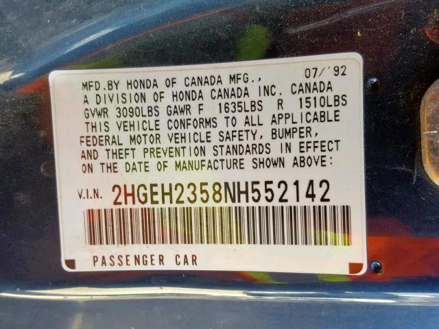 2HGEH2358NH552142 - 1992 HONDA CIVIC DX BLUE photo 10