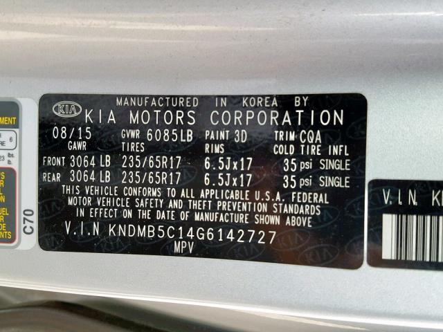 KNDMB5C14G6142727 - 2016 KIA SEDONA LX SILVER photo 10