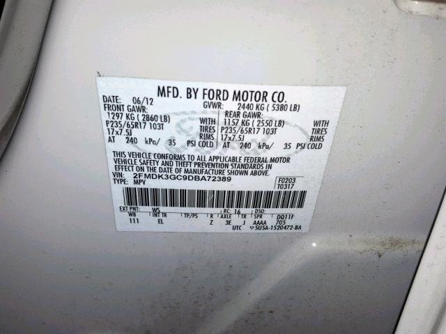 2FMDK3GC9DBA72389 - 2013 FORD EDGE SE WHITE photo 10