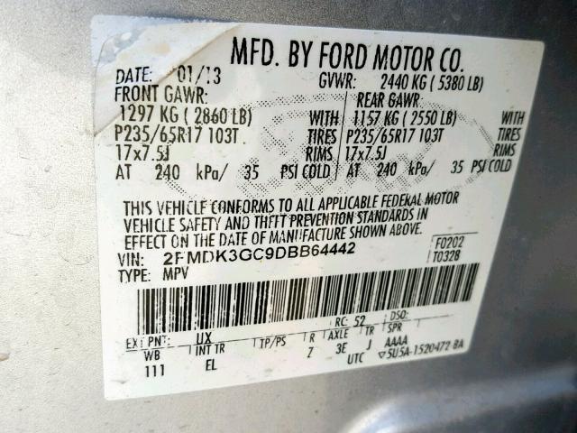 2FMDK3GC9DBB64442 - 2013 FORD EDGE SE SILVER photo 10