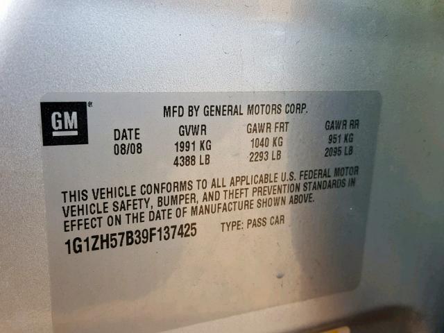 1G1ZH57B39F137425 - 2009 CHEVROLET MALIBU 1LT SILVER photo 10