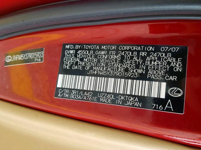 JTHFN45Y379015923 - 2007 LEXUS SC 430 RED photo 10