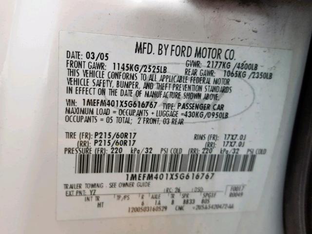 1MEFM401X5G616767 - 2005 MERCURY MONTEGO LU WHITE photo 10