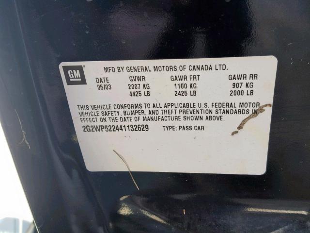 2G2WP522441132629 - 2004 PONTIAC GRAND PRIX BLACK photo 10