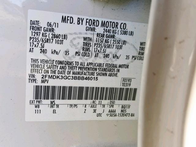 2FMDK3GC3BBB46015 - 2011 FORD EDGE SE WHITE photo 10