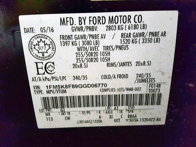 1FM5K8F89GGD06770 - 2016 FORD EXPLORER L BLACK photo 10