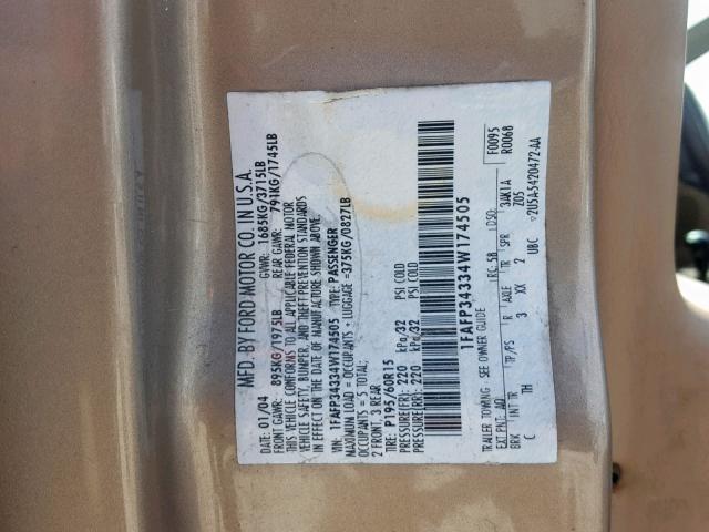 1FAFP34334W174505 - 2004 FORD FOCUS SE C GOLD photo 10