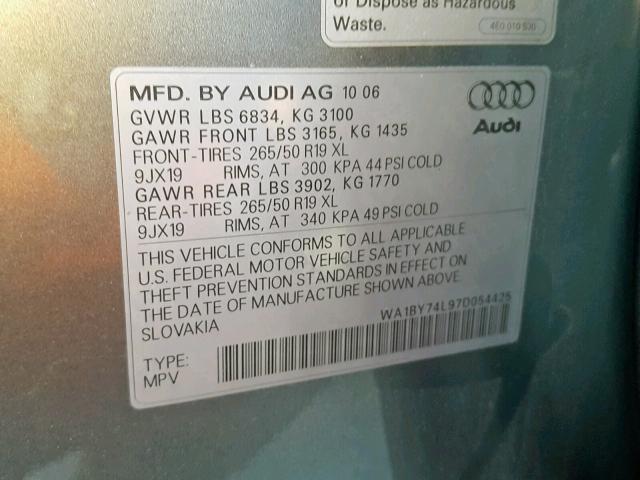 WA1BY74L97D054425 - 2007 AUDI Q7 3.6 QUA TEAL photo 10