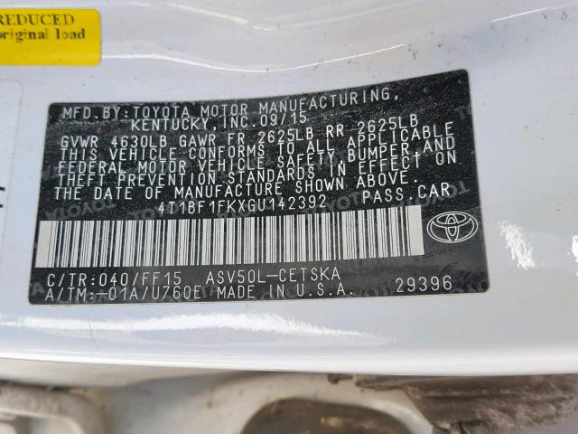 4T1BF1FKXGU142392 - 2016 TOYOTA CAMRY LE თეთრი ფოტო 10