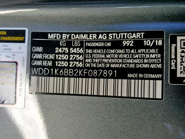 WDD1K6BB2KF087891 - 2019 MERCEDES-BENZ E AMG 53 GRAY photo 10