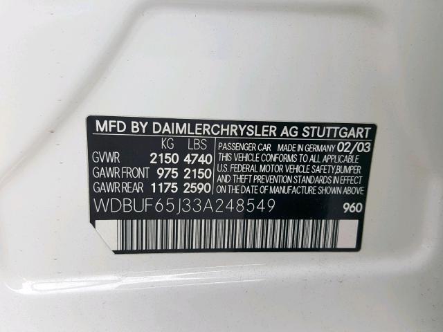 WDBUF65J33A248549 - 2003 MERCEDES-BENZ E 320 WHITE photo 10