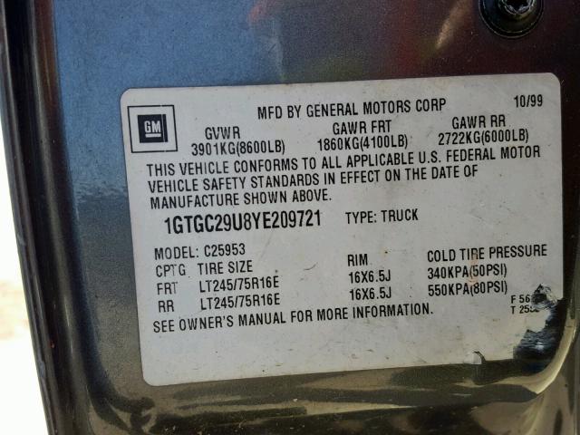 1GTGC29U8YE209721 - 2000 GMC NEW SIERRA GRAY photo 10