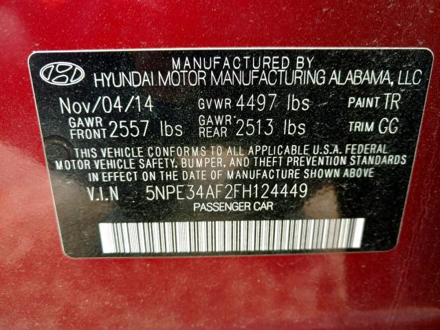 5NPE34AF2FH124449 - 2015 HYUNDAI SONATA SPO RED photo 10