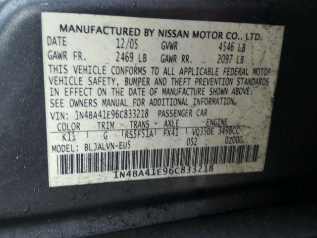 1N4BA41E96C833218 - 2006 NISSAN MAXIMA SE GRAY photo 10