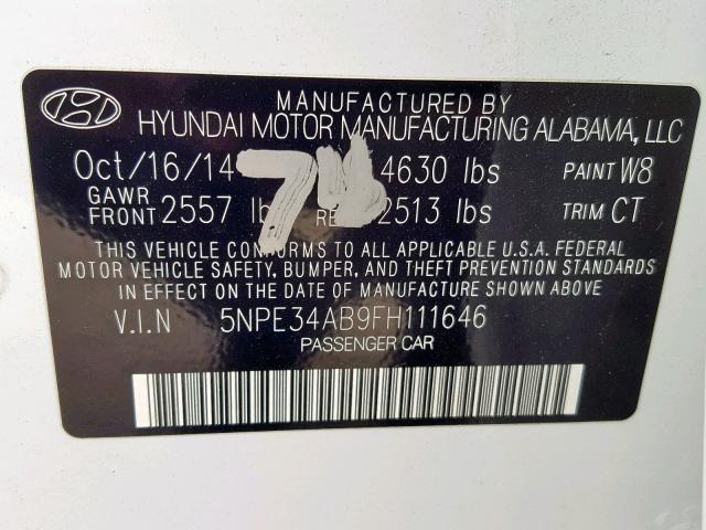 5NPE34AB9FH111646 - 2015 HYUNDAI SONATA SPO WHITE photo 10