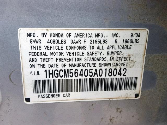 1HGCM56405A018042 - 2005 HONDA ACCORD LX SILVER photo 10