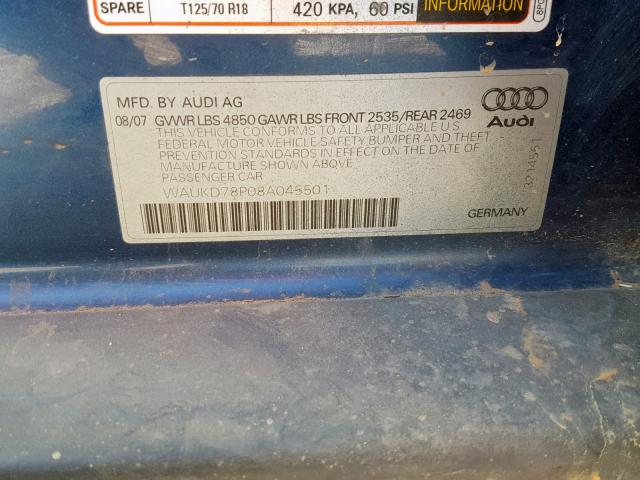 WAUKD78P08A045501 - 2008 AUDI A3 S-LINE BLUE photo 10