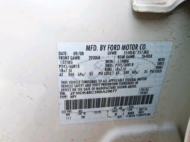 2FMDK48C39BA29677 - 2009 FORD EDGE SEL WHITE photo 10