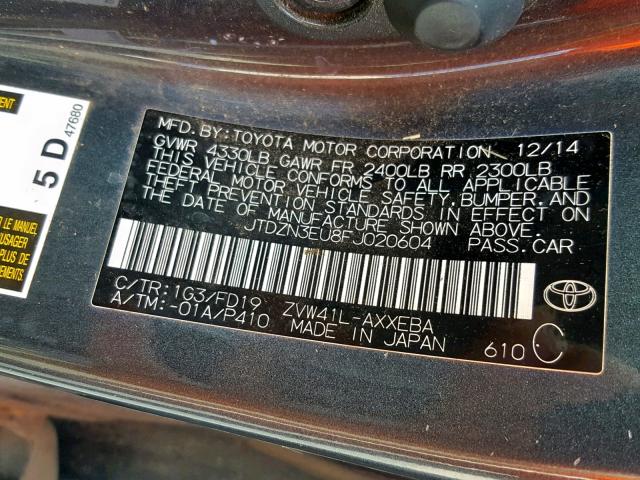 JTDZN3EU8FJ020604 - 2015 TOYOTA PRIUS V GRAY photo 10