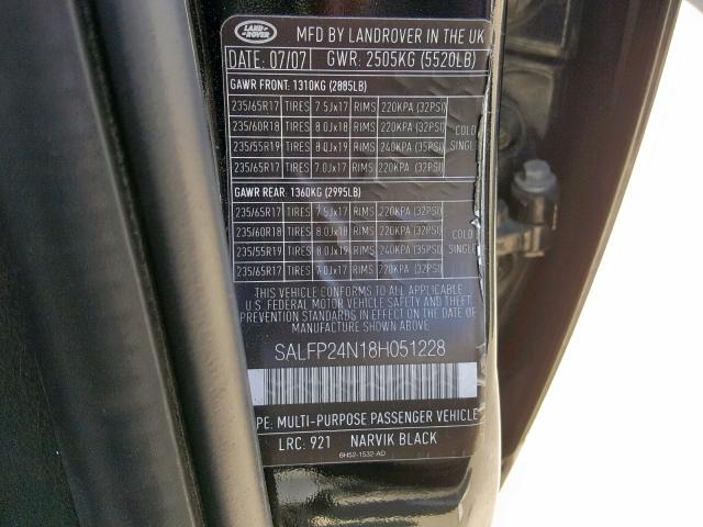 SALFP24N18H051228 - 2008 LAND ROVER LR2 SE BLACK photo 10