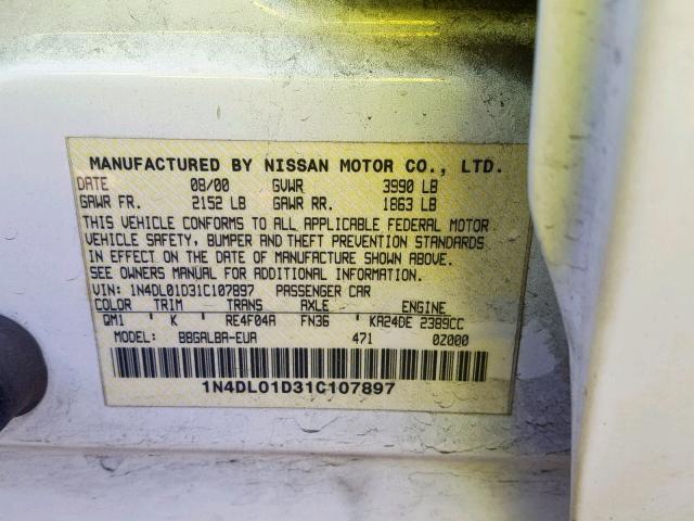 1N4DL01D31C107897 - 2001 NISSAN ALTIMA XE WHITE photo 10