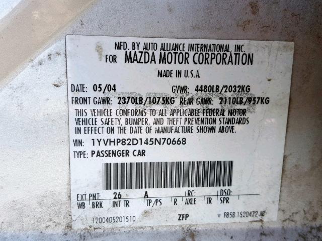 1YVHP82D145N70668 - 2004 MAZDA 6 S SILVER photo 10