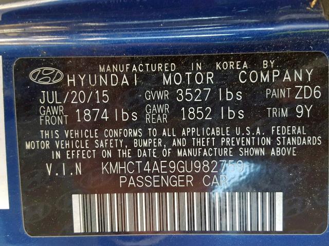 KMHCT4AE9GU982759 - 2016 HYUNDAI ACCENT SE BLUE photo 10