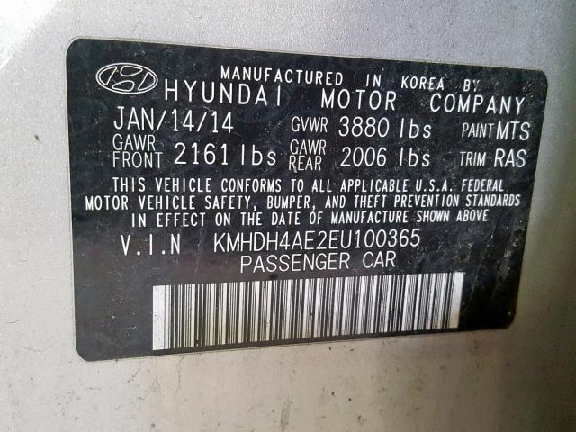 KMHDH4AE2EU100365 - 2014 HYUNDAI ELANTRA SE SILVER photo 10