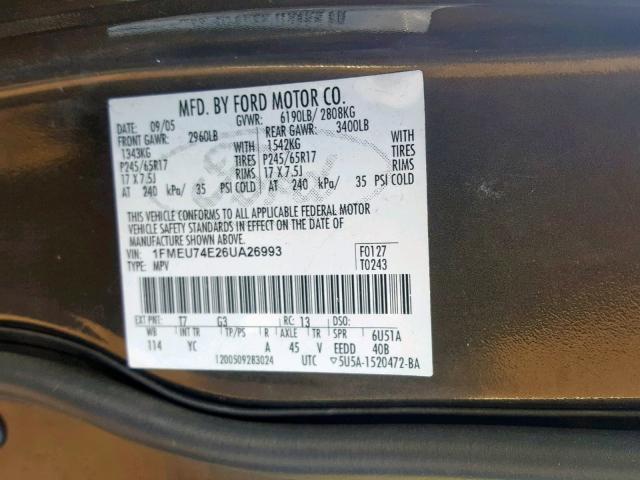 1FMEU74E26UA26993 - 2006 FORD EXPLORER E BLACK photo 10