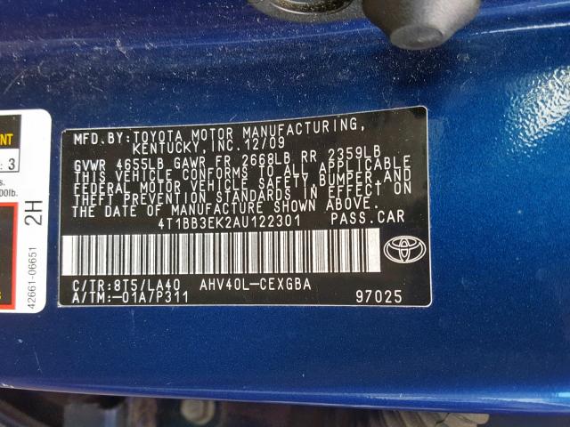 4T1BB3EK2AU122301 - 2010 TOYOTA CAMRY HYBR BLUE photo 10