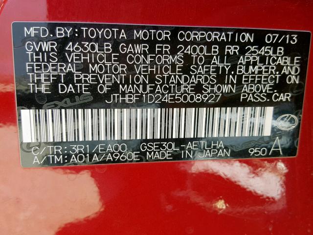 JTHBF1D24E5008927 - 2014 LEXUS IS 250 RED photo 10