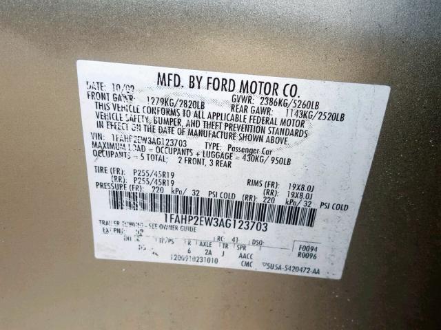 1FAHP2EW3AG123703 - 2010 FORD TAURUS SEL GOLD photo 10