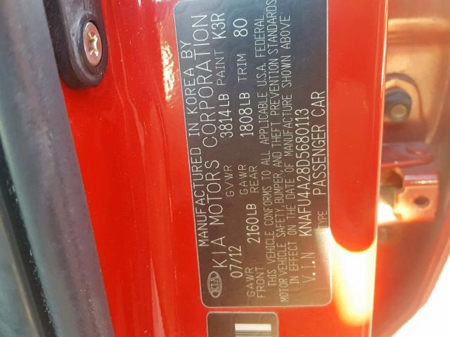 KNAFU4A28D5680113 - 2013 KIA FORTE EX RED photo 10