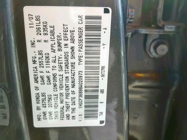 1HGCP36898A020973 - 2008 HONDA ACCORD EXL GRAY photo 10