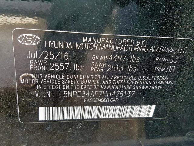 5NPE34AF7HH476137 - 2017 HYUNDAI SONATA SPO BLACK photo 10