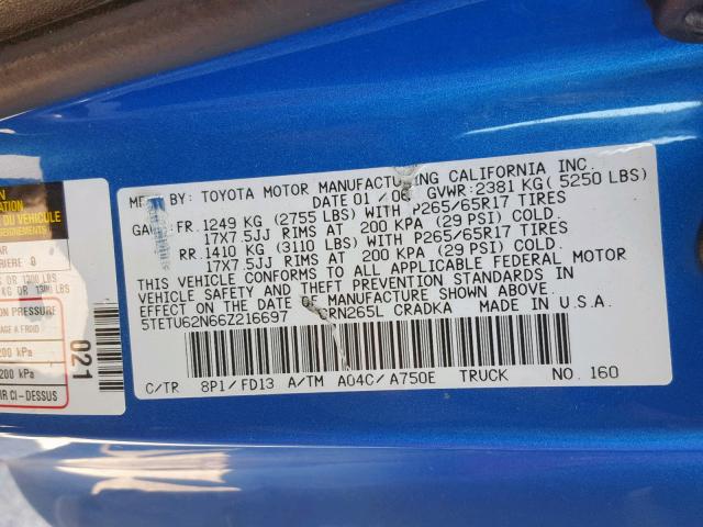 5TETU62N66Z216697 - 2006 TOYOTA TACOMA PRE BLUE photo 10