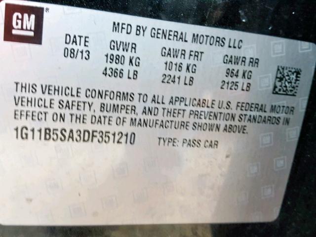 1G11B5SA3DF351210 - 2013 CHEVROLET MALIBU LS BLACK photo 10