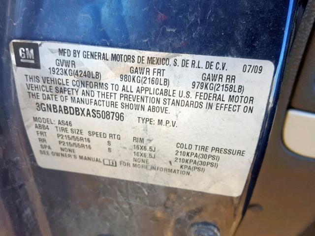 3GNBABDBXAS508796 - 2010 CHEVROLET HHR LT BLUE photo 10