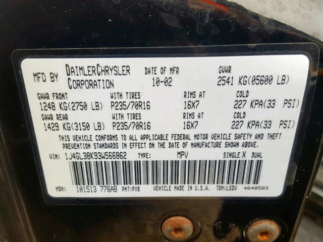 1J4GL38K93W566862 - 2003 JEEP LIBERTY RE BLACK photo 10