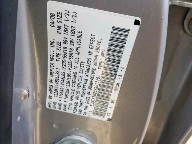 5J8TB18208A017701 - 2008 ACURA RDX SILVER photo 10