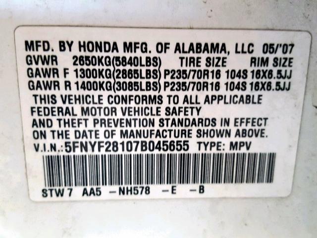 5FNYF28107B045655 - 2007 HONDA PILOT LX WHITE photo 10