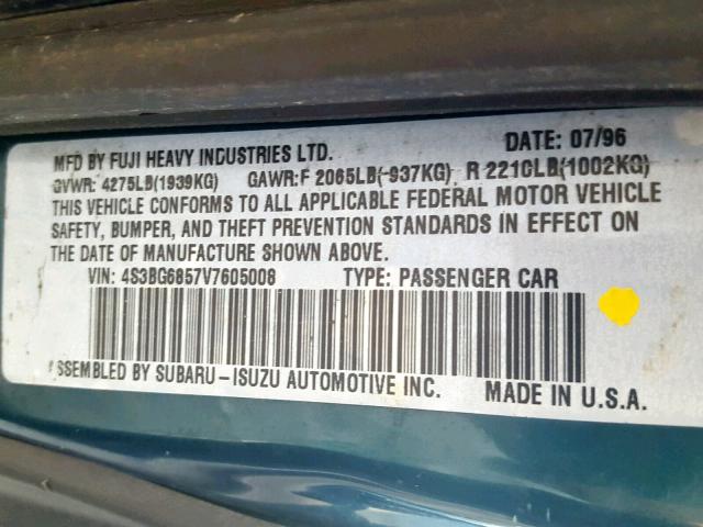 4S3BG6857V7605008 - 1997 SUBARU LEGACY OUT GREEN photo 10