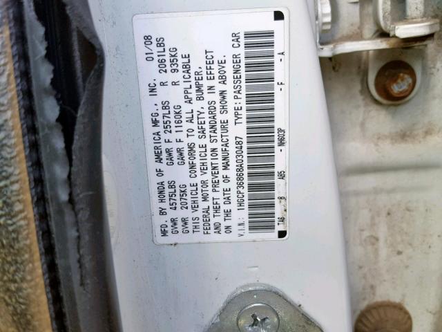 1HGCP36868A030487 - 2008 HONDA ACCORD EXL WHITE photo 10