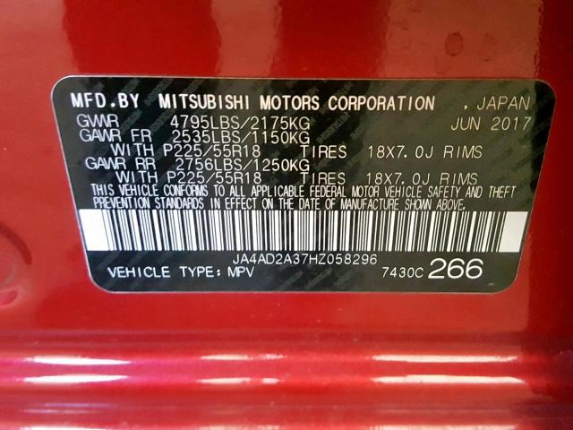 JA4AD2A37HZ058296 - 2017 MITSUBISHI OUTLANDER RED photo 10