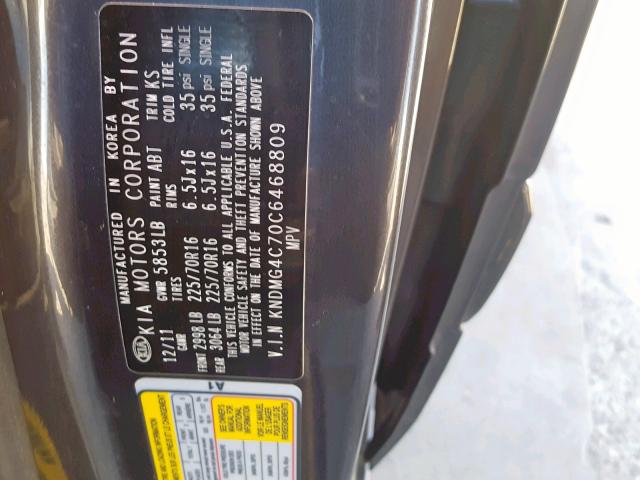 KNDMG4C70C6468809 - 2012 KIA SEDONA LX BLACK photo 10