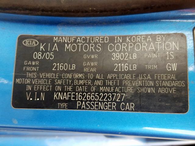 KNAFE162665223727 - 2006 KIA SPECTRA5 BLUE photo 10