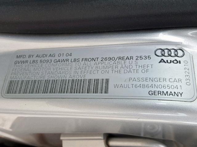 WAULT64B64N065041 - 2004 AUDI A6 3.0 QUA SILVER photo 10